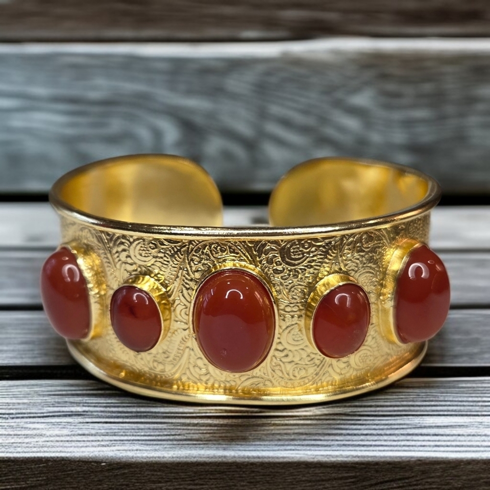 18k Gold Plated Chunky Genuine Carnelian Crystal Cabochon Cuff Bangle Bracelet
